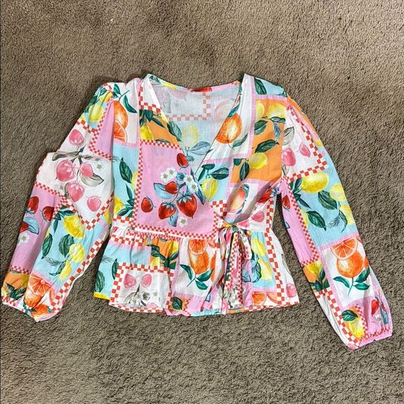 Made in Italy Fruit Print Cotton Wrap Top size S Artsy Colorful Maximalist Cute - Picture 1 of 8